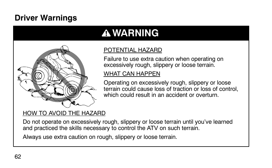 Warning, Driver warnings | Polaris Scrambler 50 User Manual | Page 64 / 186