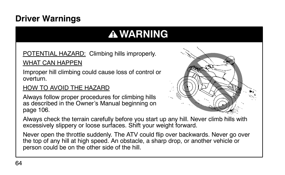 Warning, Driver warnings | Polaris Scrambler 50 User Manual | Page 66 / 186