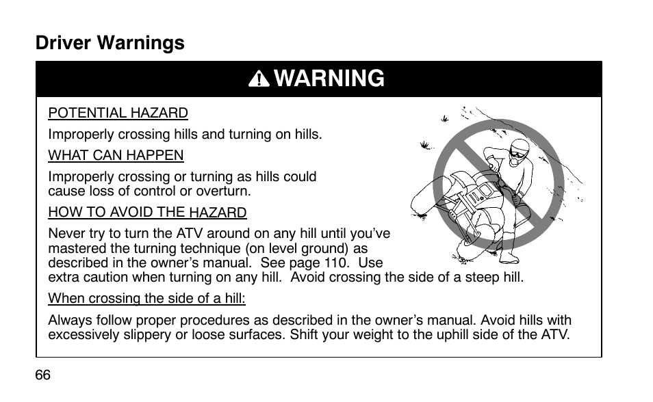 Warning, Driver warnings | Polaris Scrambler 50 User Manual | Page 68 / 186