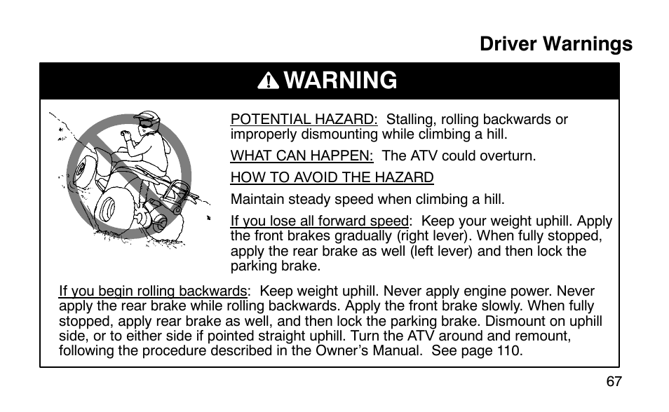 Warning, Driver warnings | Polaris Scrambler 50 User Manual | Page 69 / 186