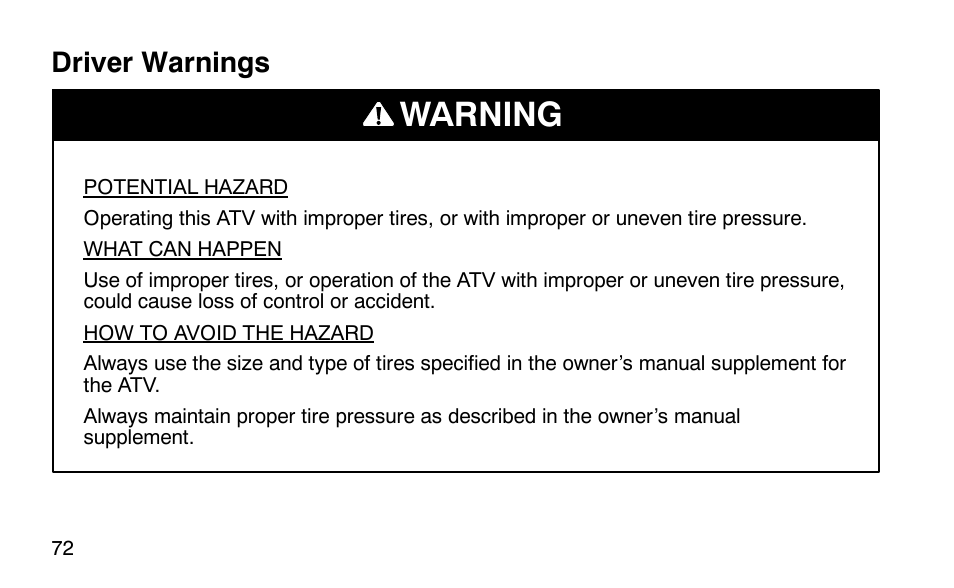 Warning, Driver warnings | Polaris Scrambler 50 User Manual | Page 74 / 186