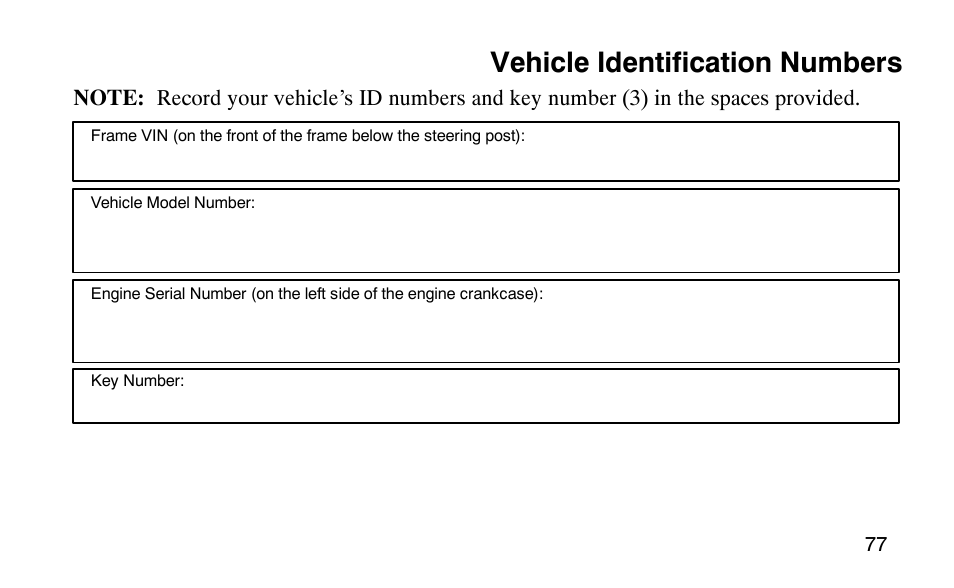 Vehicle identification numbers | Polaris Scrambler 50 User Manual | Page 79 / 186