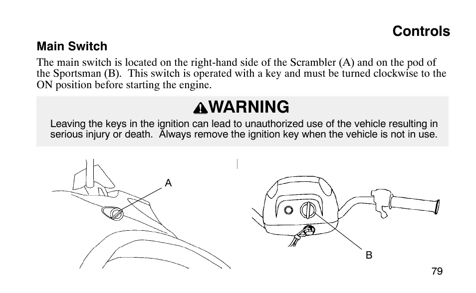 Warning, Controls | Polaris Scrambler 50 User Manual | Page 81 / 186