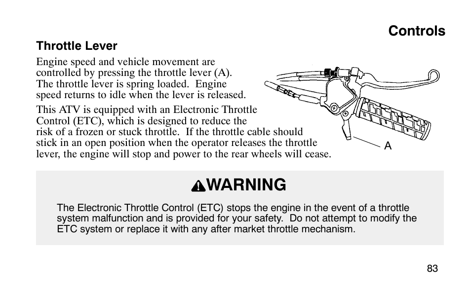 Warning, Controls | Polaris Scrambler 50 User Manual | Page 85 / 186