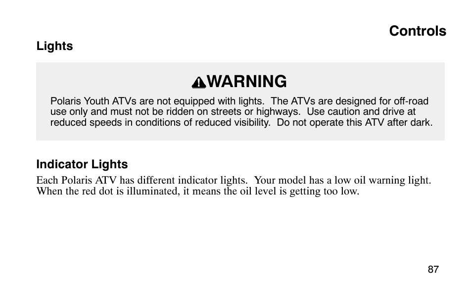 Warning, Controls | Polaris Scrambler 50 User Manual | Page 89 / 186