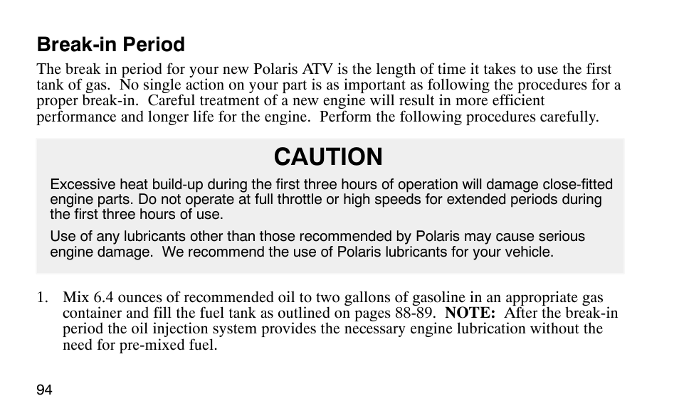 Caution, Break-in period | Polaris Scrambler 50 User Manual | Page 96 / 186