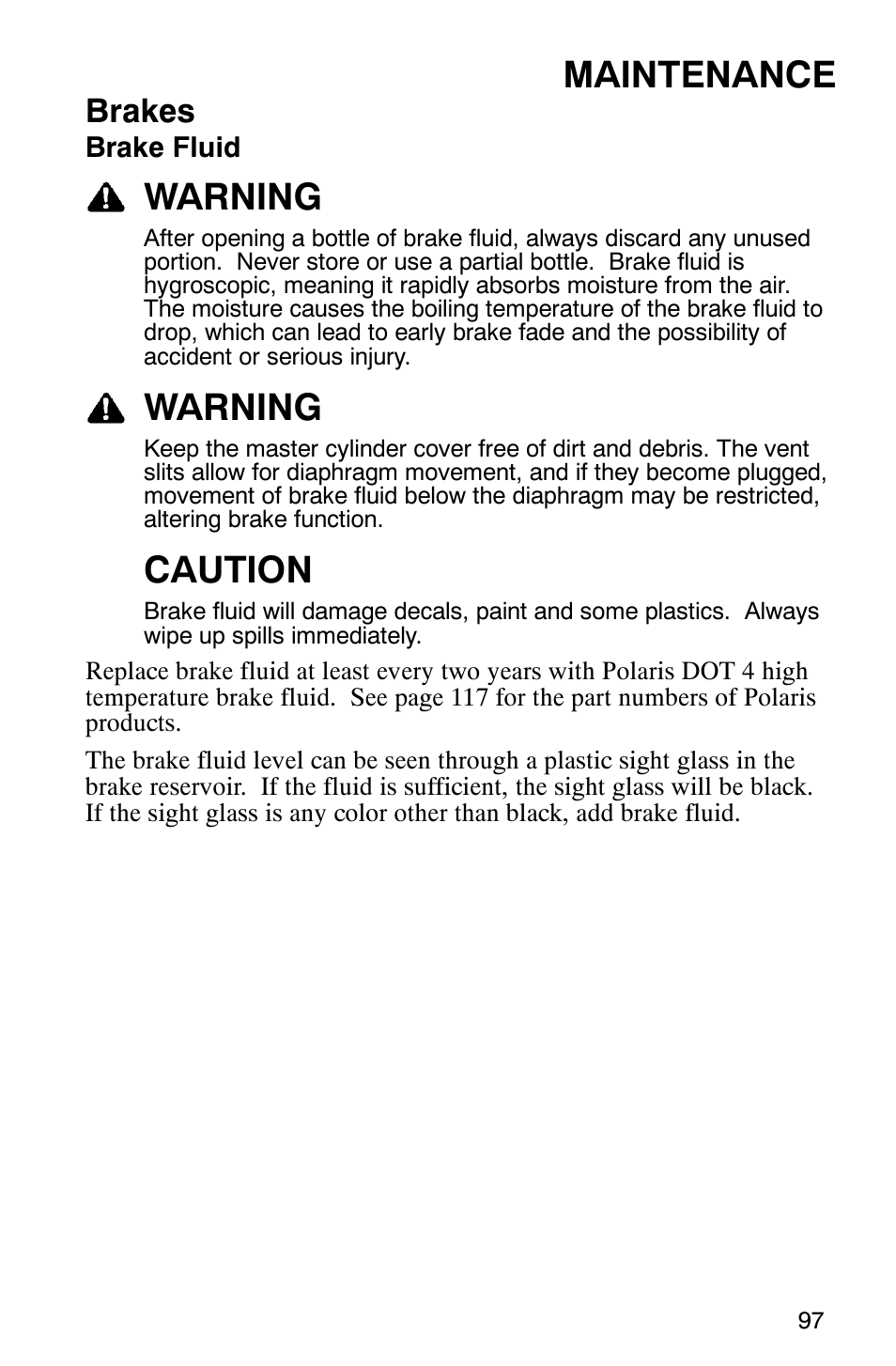 Maintenance, Warning, Caution | Brakes | Polaris 900 SwitchBack User Manual | Page 100 / 137