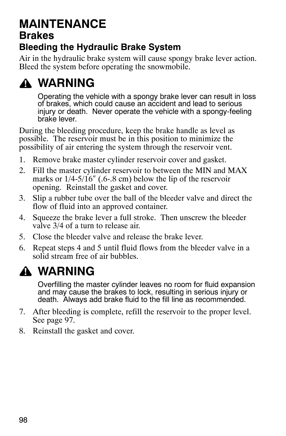 Maintenance, Warning, Brakes | Polaris 900 SwitchBack User Manual | Page 101 / 137