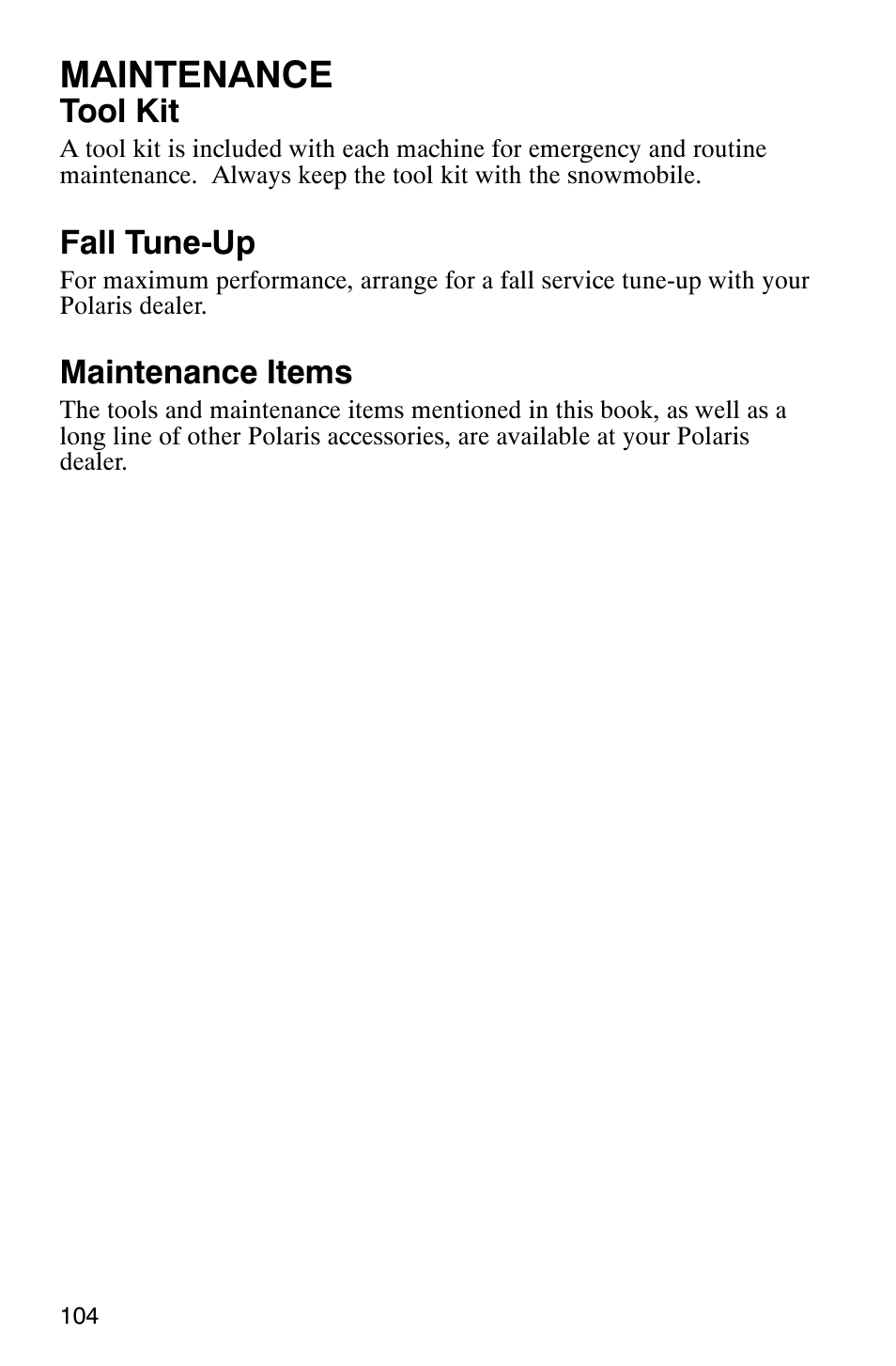 Maintenance, Tool kit, Fall tune-up | Maintenance items | Polaris 900 SwitchBack User Manual | Page 107 / 137
