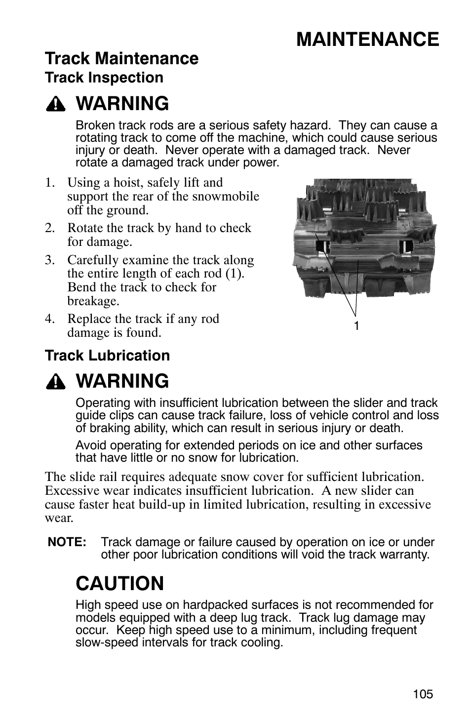 Maintenance, Warning, Caution | Track maintenance | Polaris 900 SwitchBack User Manual | Page 108 / 137