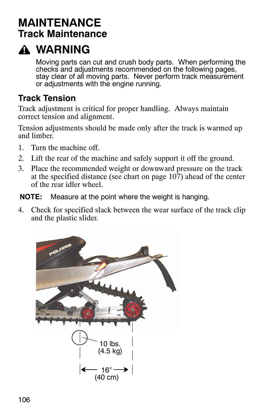 Maintenance, Warning, Track maintenance | Polaris 900 SwitchBack User Manual | Page 109 / 137