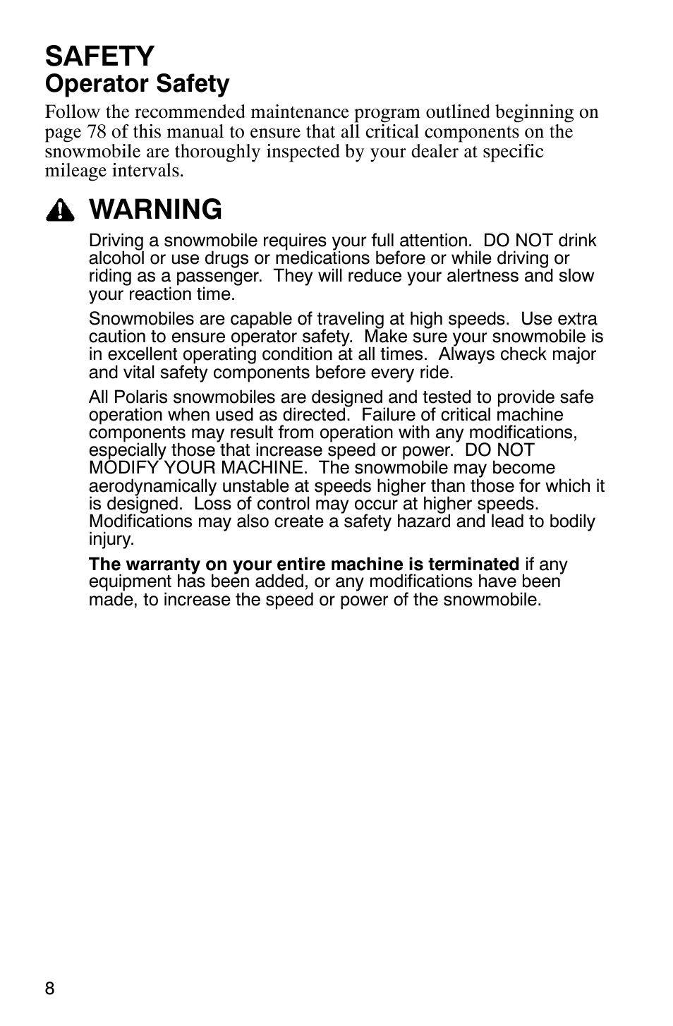 Safety, Warning, Operator safety | Polaris 900 SwitchBack User Manual | Page 11 / 137