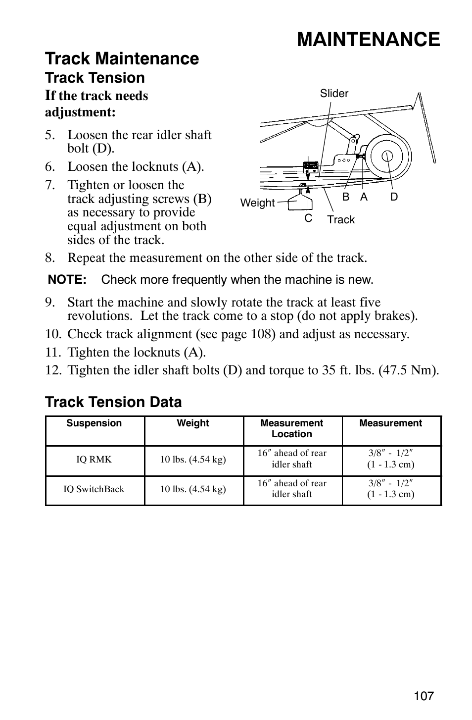 Maintenance, Track maintenance, Track tension i | Track tension data | Polaris 900 SwitchBack User Manual | Page 110 / 137