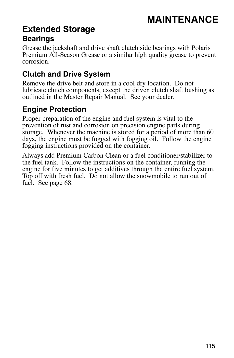 Maintenance, Extended storage | Polaris 900 SwitchBack User Manual | Page 118 / 137