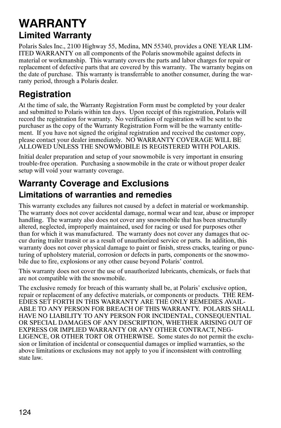 Warranty, Limited warranty, Registration | Warranty coverage and exclusions, Limitations of warranties and remedies | Polaris 900 SwitchBack User Manual | Page 127 / 137