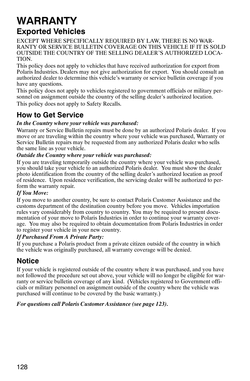 Warranty, Exported vehicles, How to get service | Notice | Polaris 900 SwitchBack User Manual | Page 131 / 137