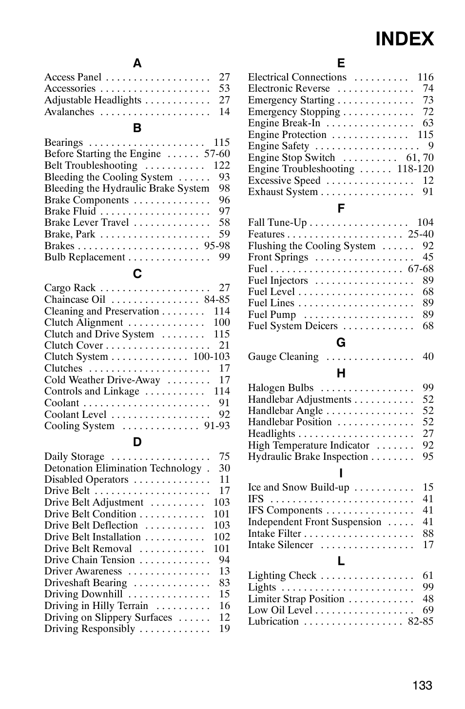 Index | Polaris 900 SwitchBack User Manual | Page 136 / 137