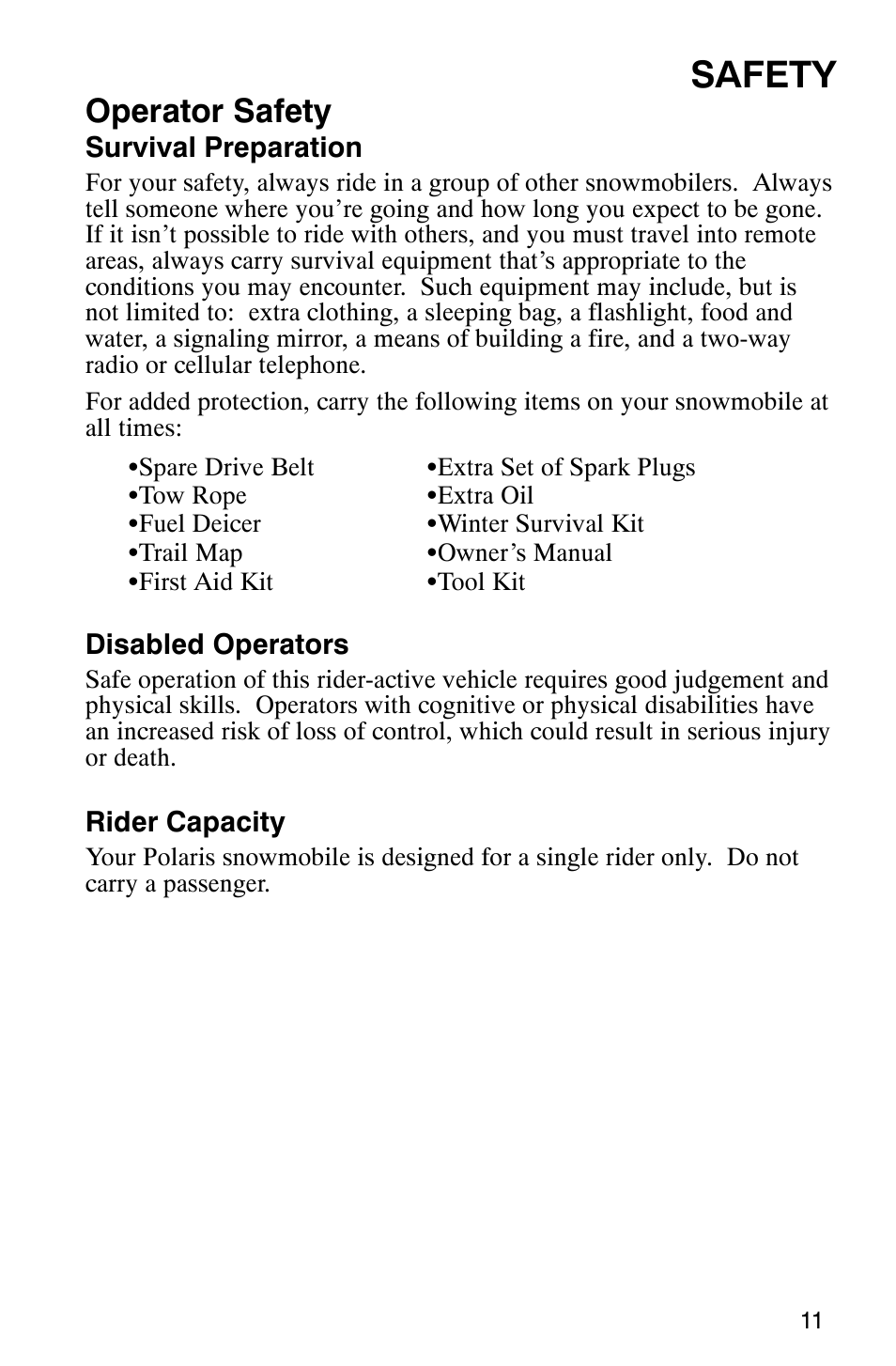 Safety, Operator safety | Polaris 900 SwitchBack User Manual | Page 14 / 137