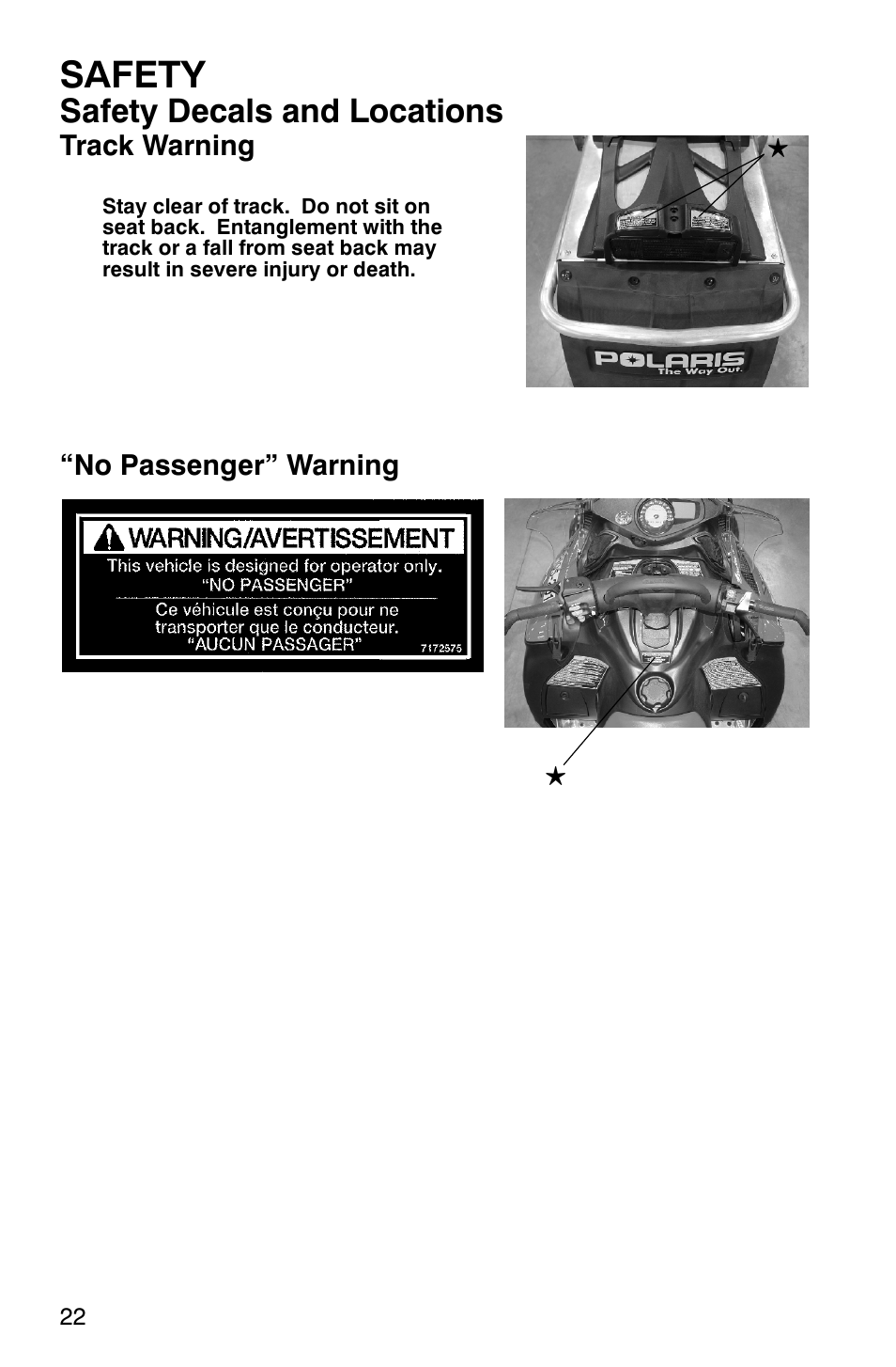 Safety, Safety decals and locations | Polaris 900 SwitchBack User Manual | Page 25 / 137