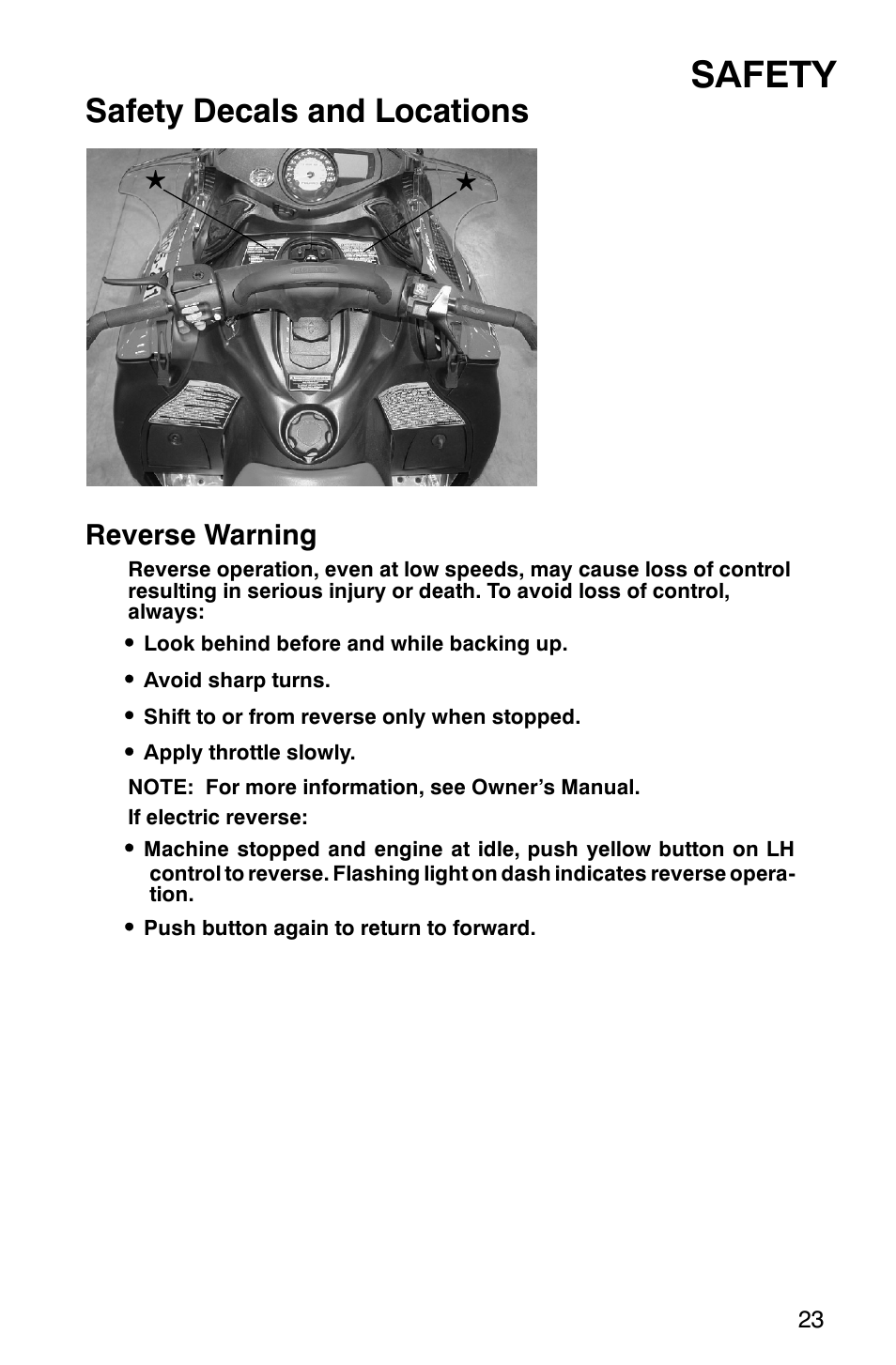 Safety, Safety decals and locations, Reverse warning | Polaris 900 SwitchBack User Manual | Page 26 / 137