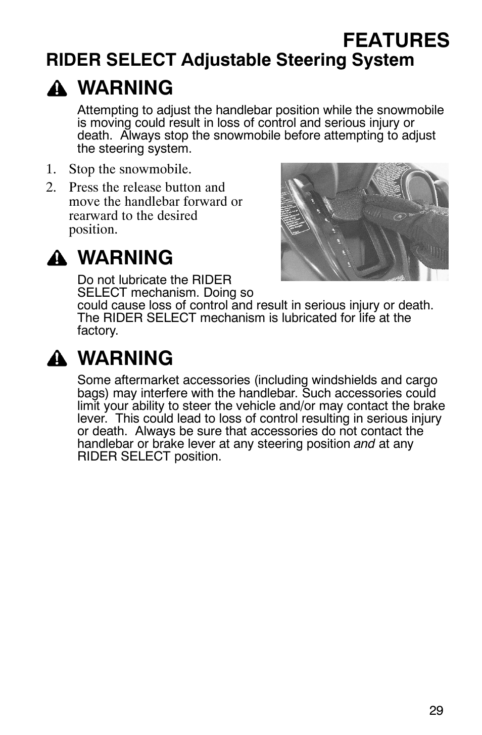 Features, Warning, Rider select adjustable steering system | Polaris 900 SwitchBack User Manual | Page 32 / 137