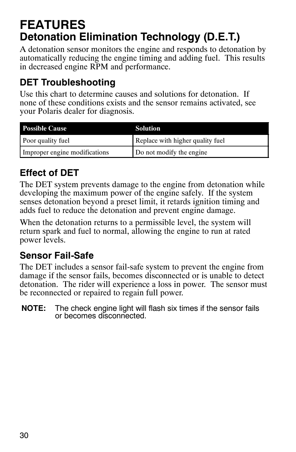 Features, Detonation elimination technology (d.e.t.) | Polaris 900 SwitchBack User Manual | Page 33 / 137