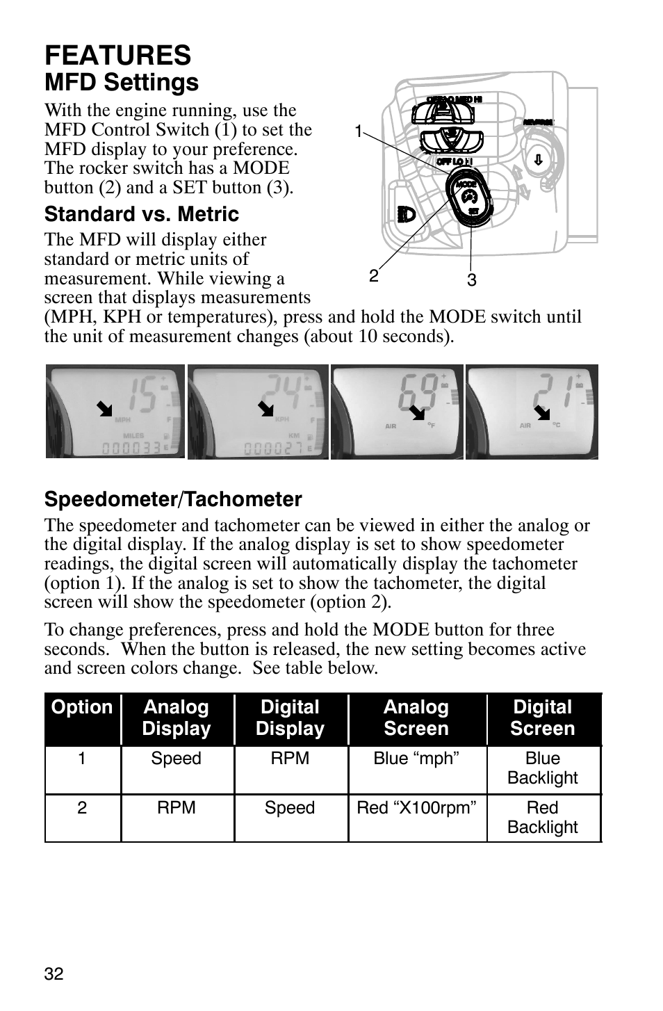 Features, Mfd settings | Polaris 900 SwitchBack User Manual | Page 35 / 137