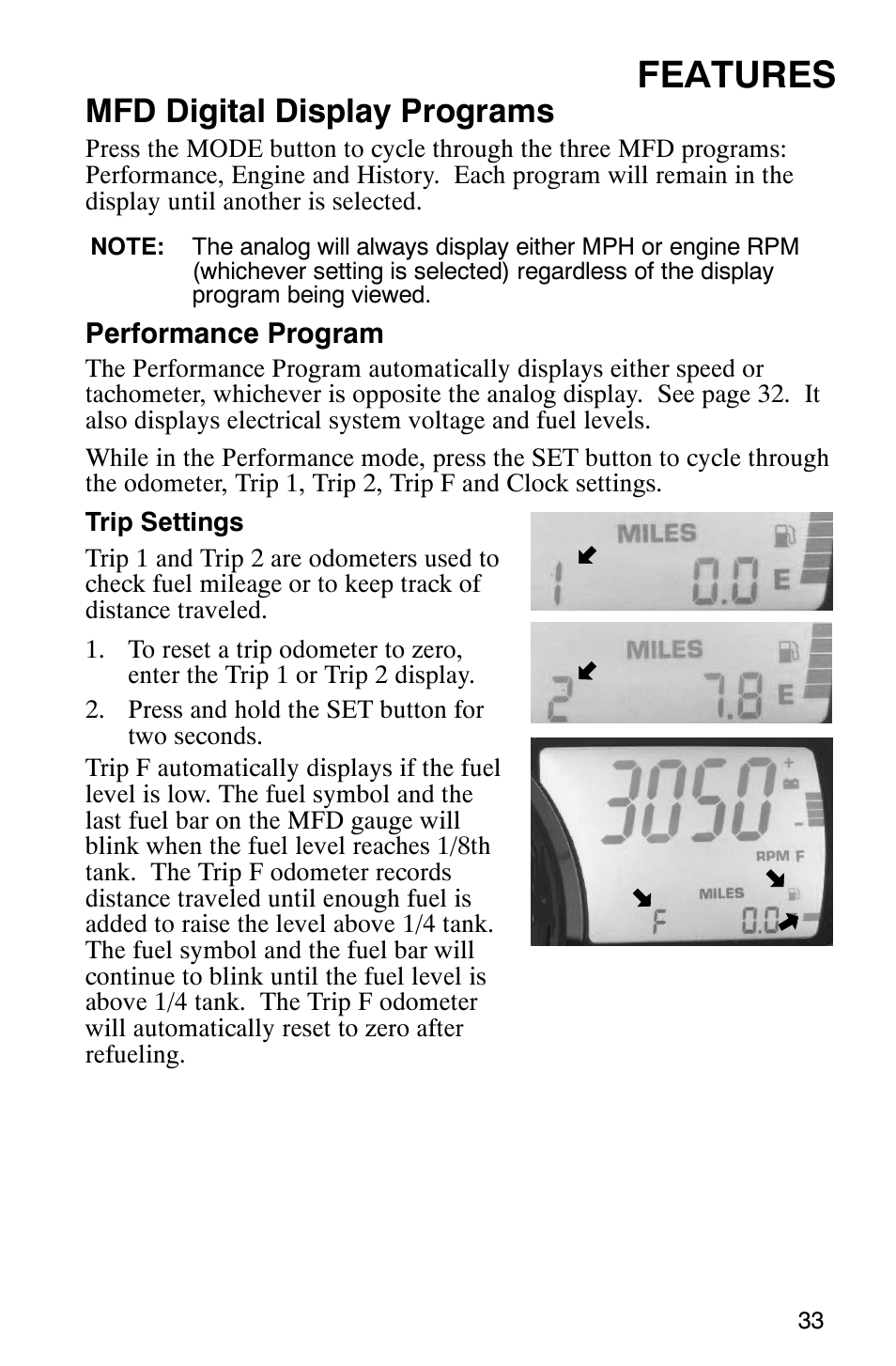 Features, Mfd digital display programs | Polaris 900 SwitchBack User Manual | Page 36 / 137