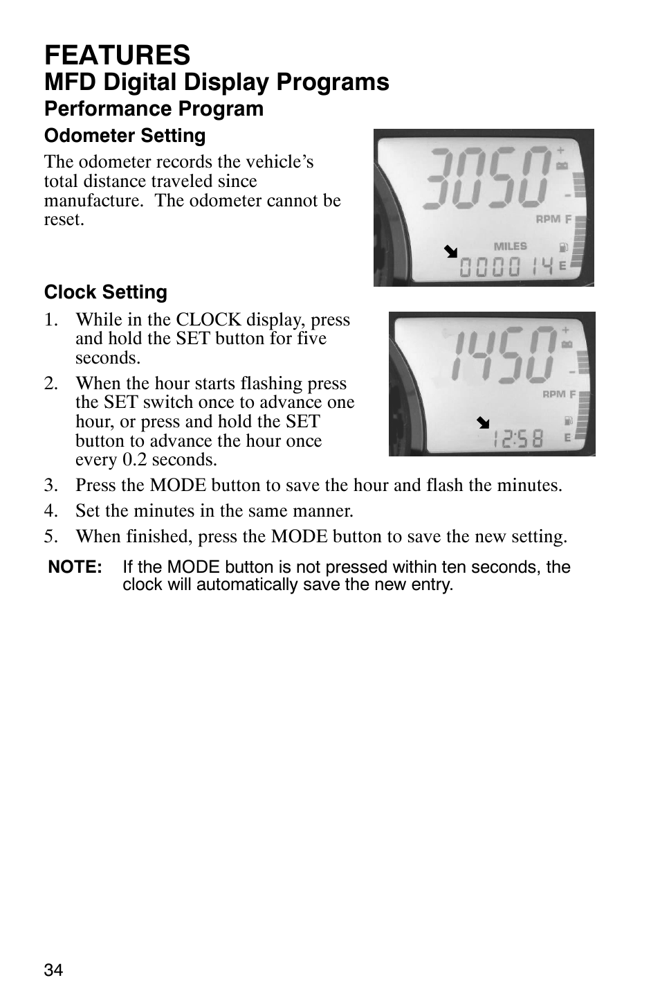 Features, Mfd digital display programs | Polaris 900 SwitchBack User Manual | Page 37 / 137