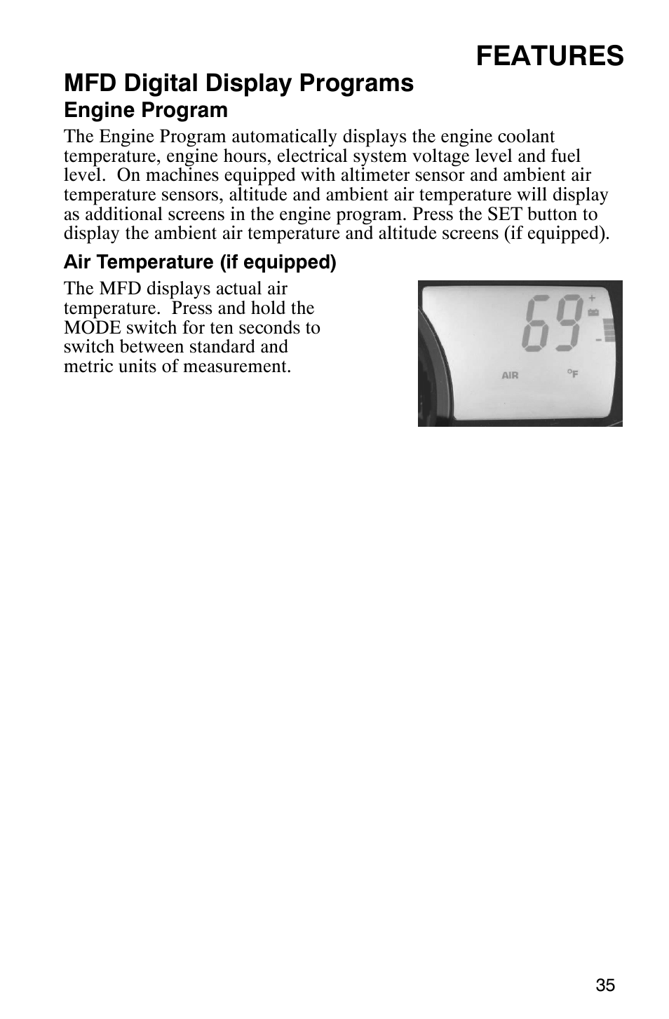 Features, Mfd digital display programs | Polaris 900 SwitchBack User Manual | Page 38 / 137