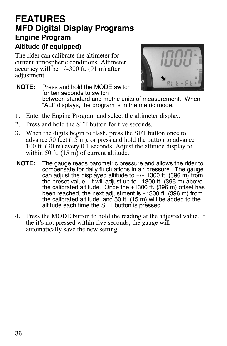 Features, Mfd digital display programs | Polaris 900 SwitchBack User Manual | Page 39 / 137