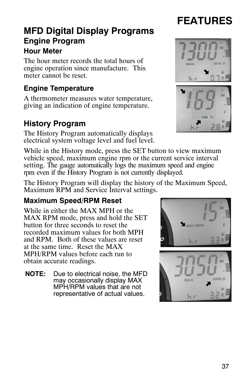 Features, Mfd digital display programs | Polaris 900 SwitchBack User Manual | Page 40 / 137