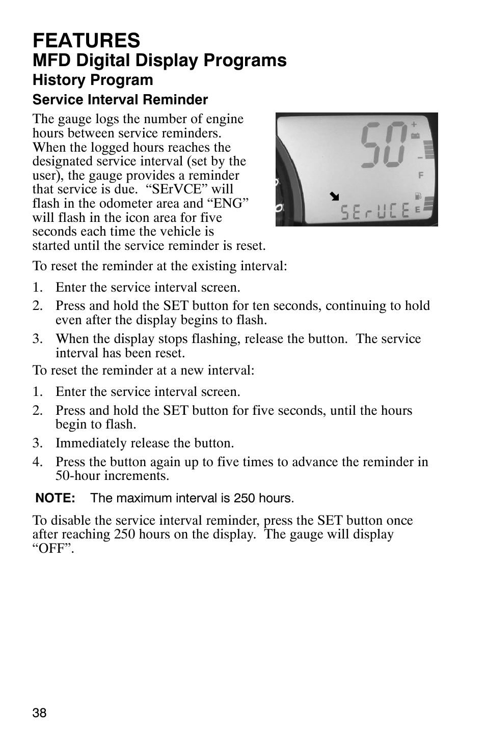 Features, Mfd digital display programs | Polaris 900 SwitchBack User Manual | Page 41 / 137