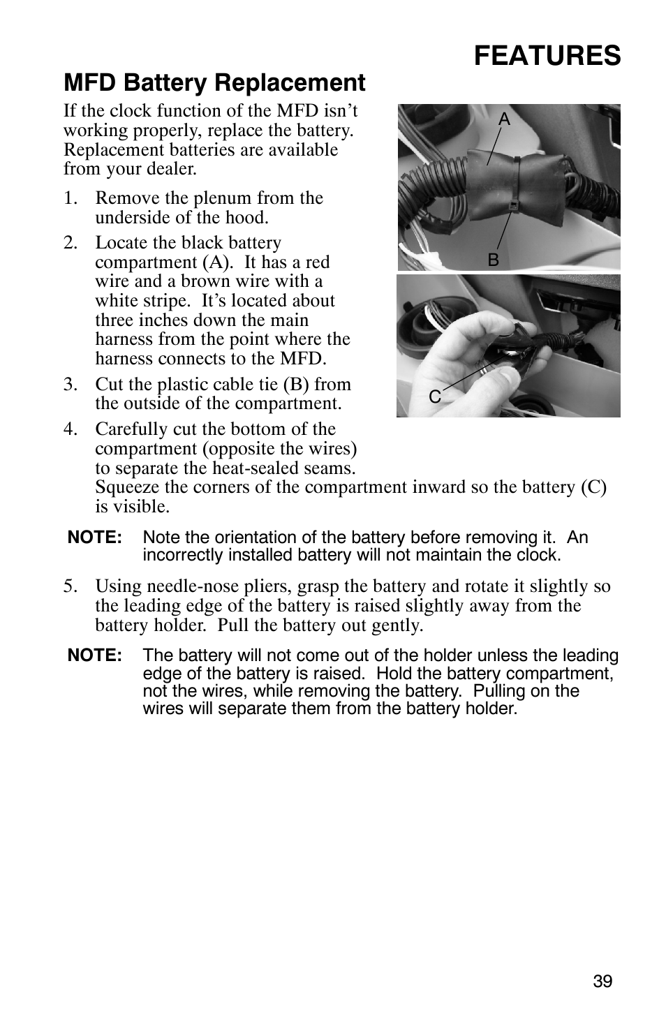 Features, Mfd battery replacement | Polaris 900 SwitchBack User Manual | Page 42 / 137