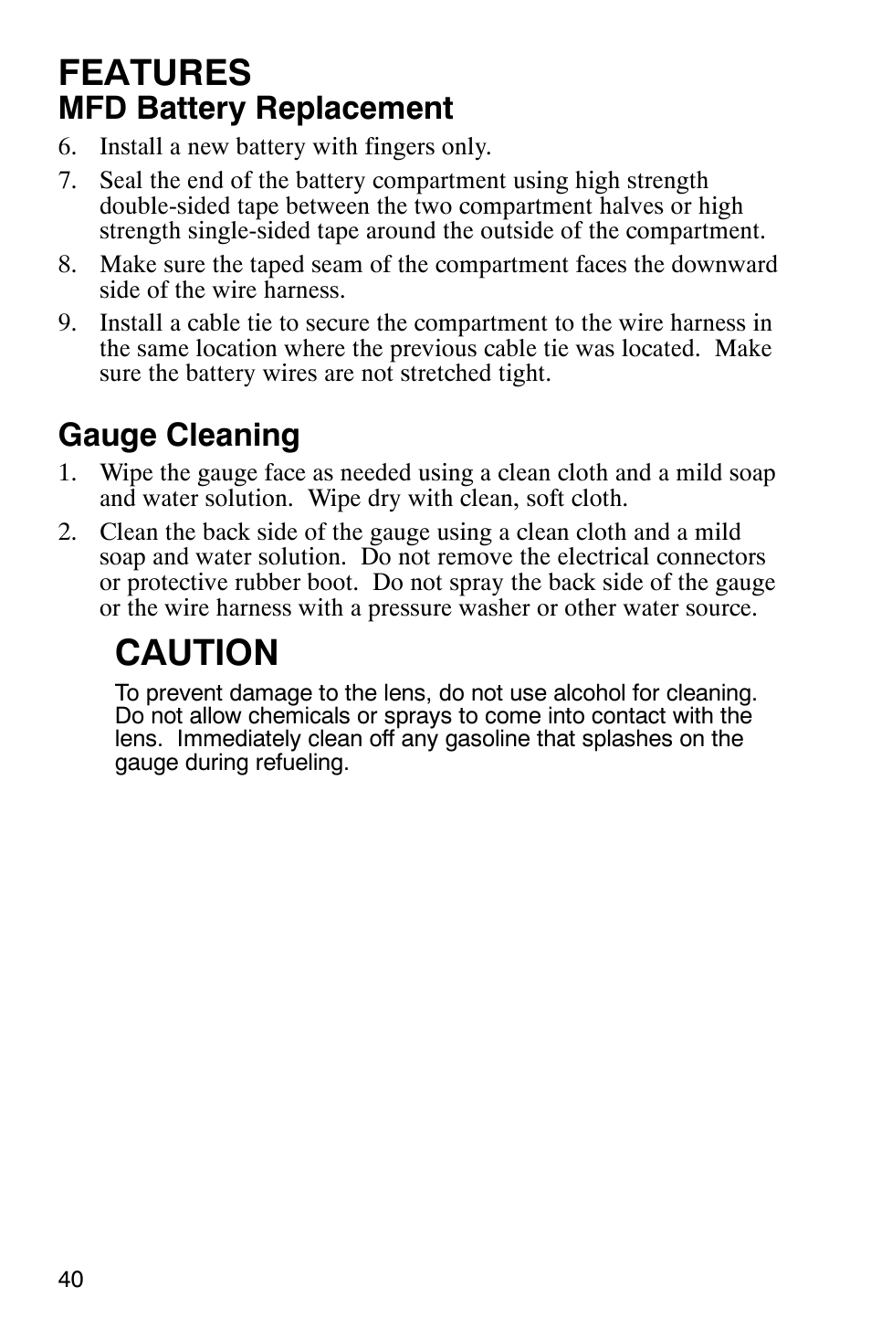 Features, Caution, Mfd battery replacement | Gauge cleaning | Polaris 900 SwitchBack User Manual | Page 43 / 137