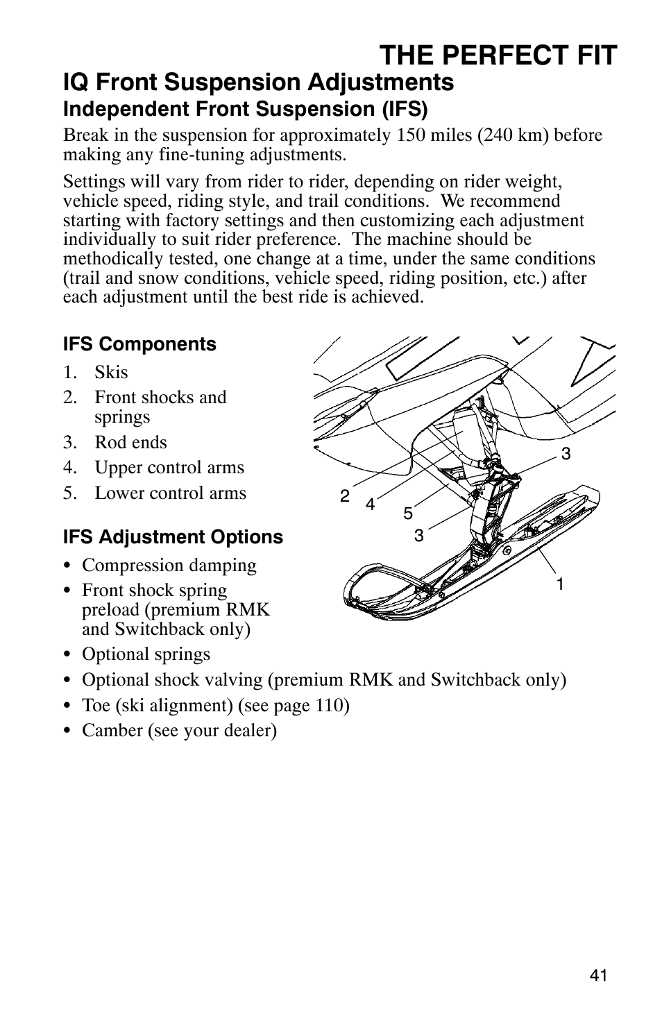 The perfect fit, Iq front suspension adjustments | Polaris 900 SwitchBack User Manual | Page 44 / 137