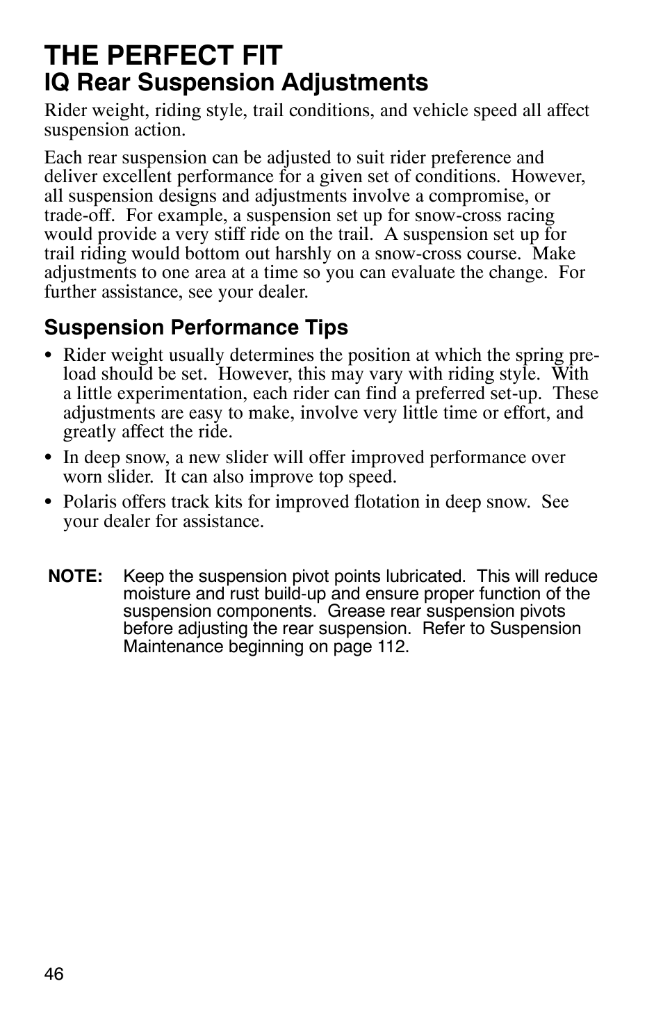 The perfect fit, Iq rear suspension adjustments | Polaris 900 SwitchBack User Manual | Page 49 / 137