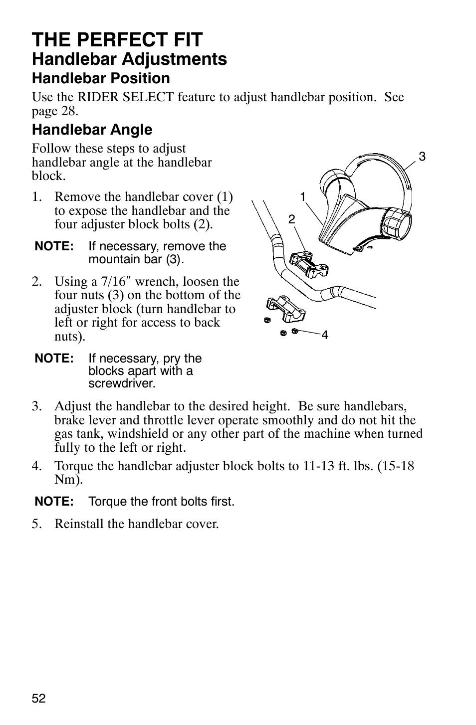 The perfect fit, Handlebar adjustments | Polaris 900 SwitchBack User Manual | Page 55 / 137