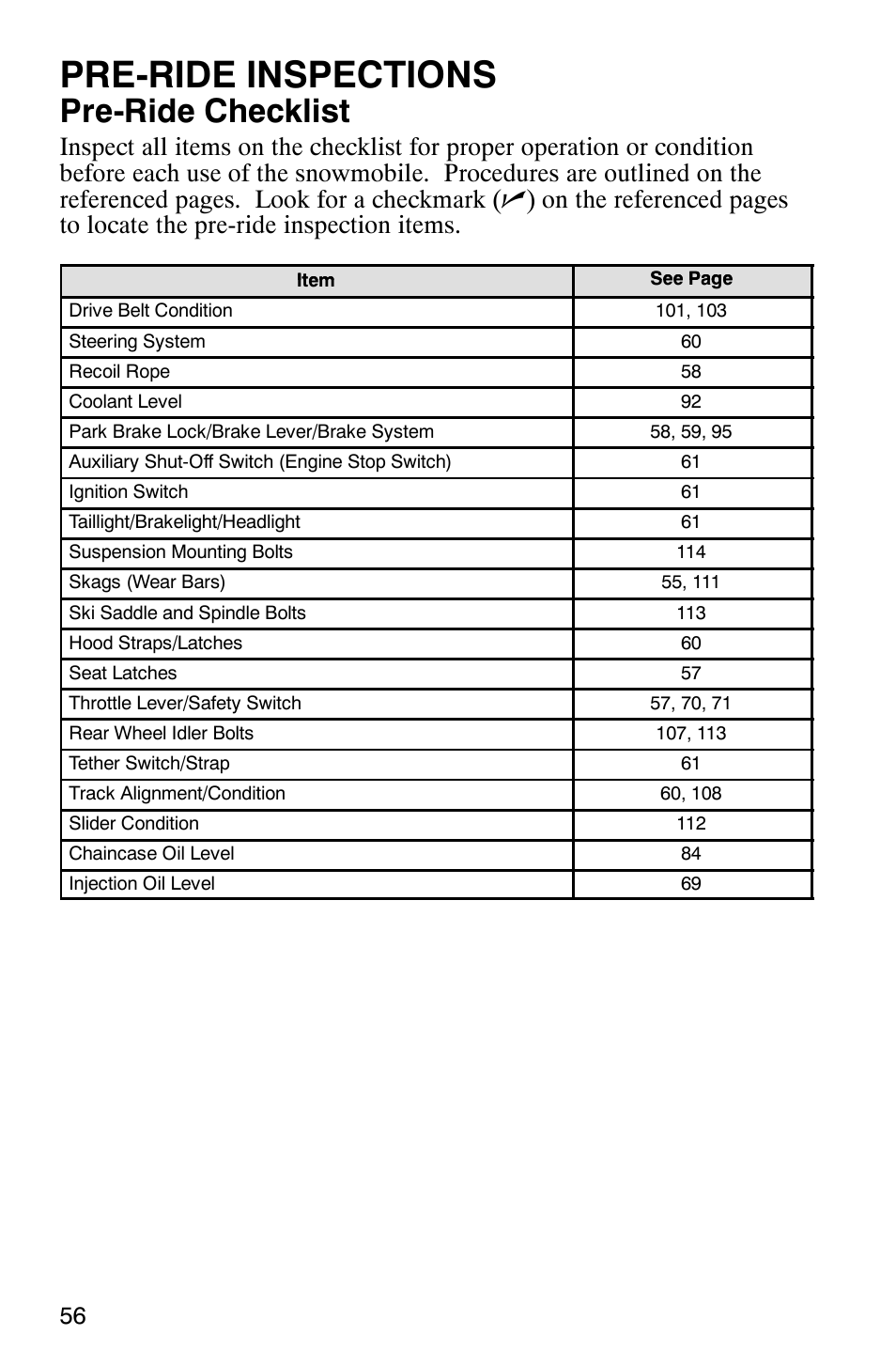 Pre-ride inspections, Pre-ride checklist | Polaris 900 SwitchBack User Manual | Page 59 / 137