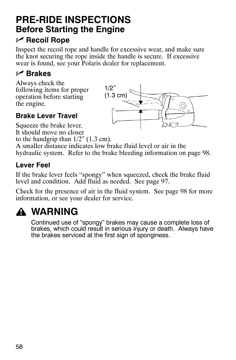Pre-ride inspections, Warning, Before starting the engine n | Polaris 900 SwitchBack User Manual | Page 61 / 137