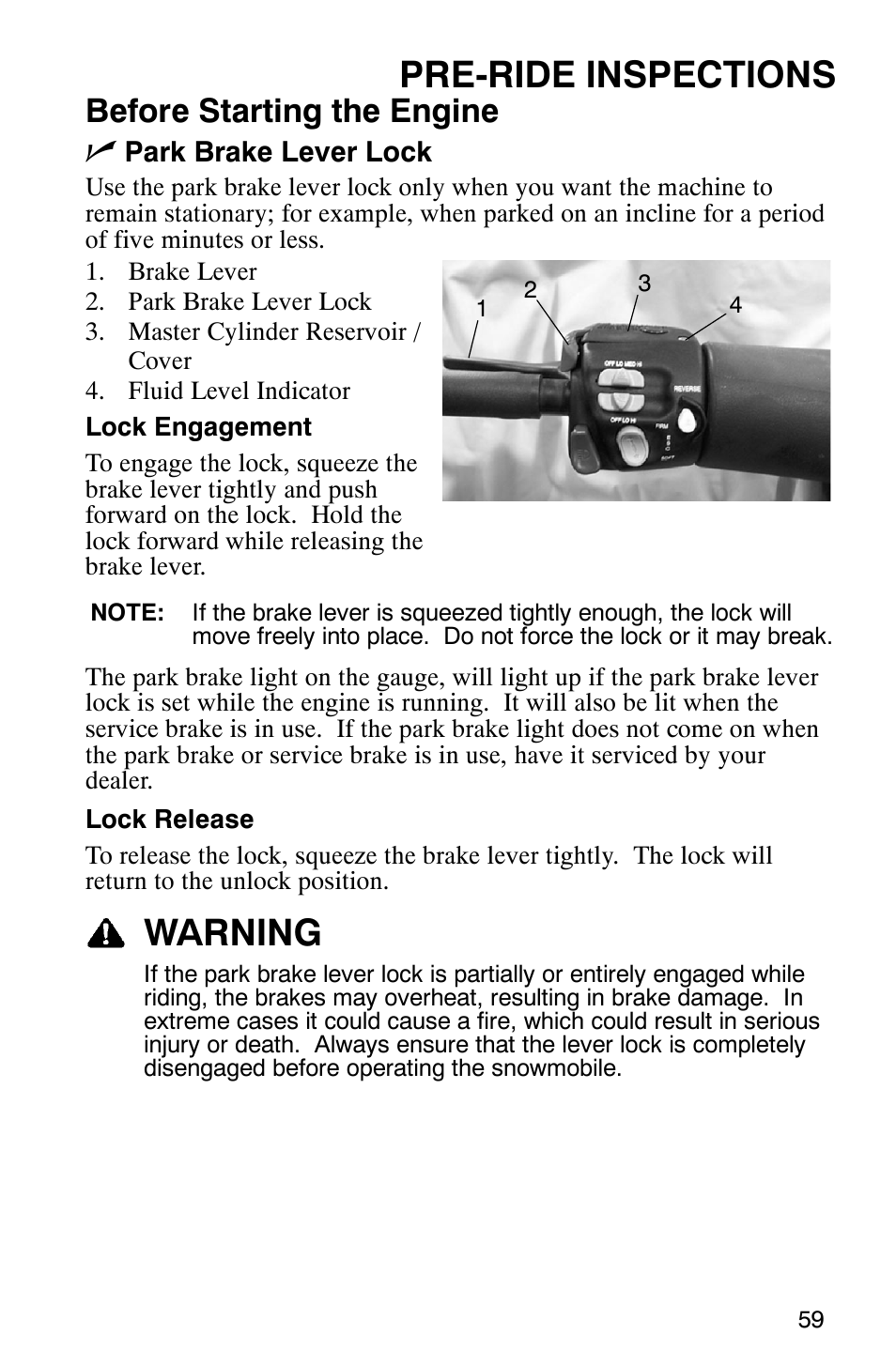 Pre-ride inspections, Warning, Before starting the engine n | Polaris 900 SwitchBack User Manual | Page 62 / 137