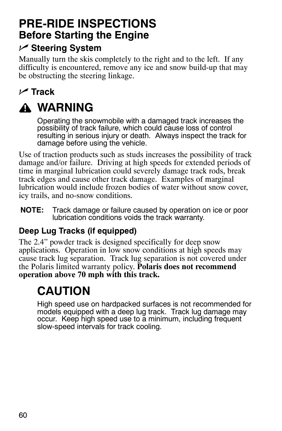 Pre-ride inspections, Warning, Caution | Before starting the engine n | Polaris 900 SwitchBack User Manual | Page 63 / 137