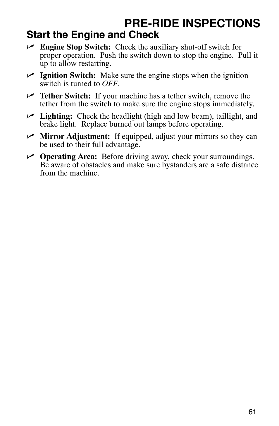 Pre-ride inspections, Start the engine and check | Polaris 900 SwitchBack User Manual | Page 64 / 137