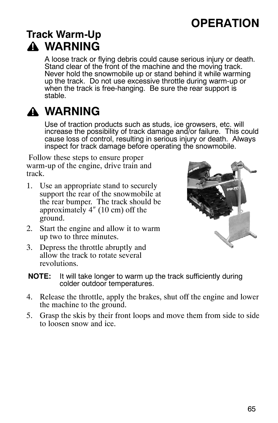 Operation, Warning, Track warm-up | Polaris 900 SwitchBack User Manual | Page 68 / 137