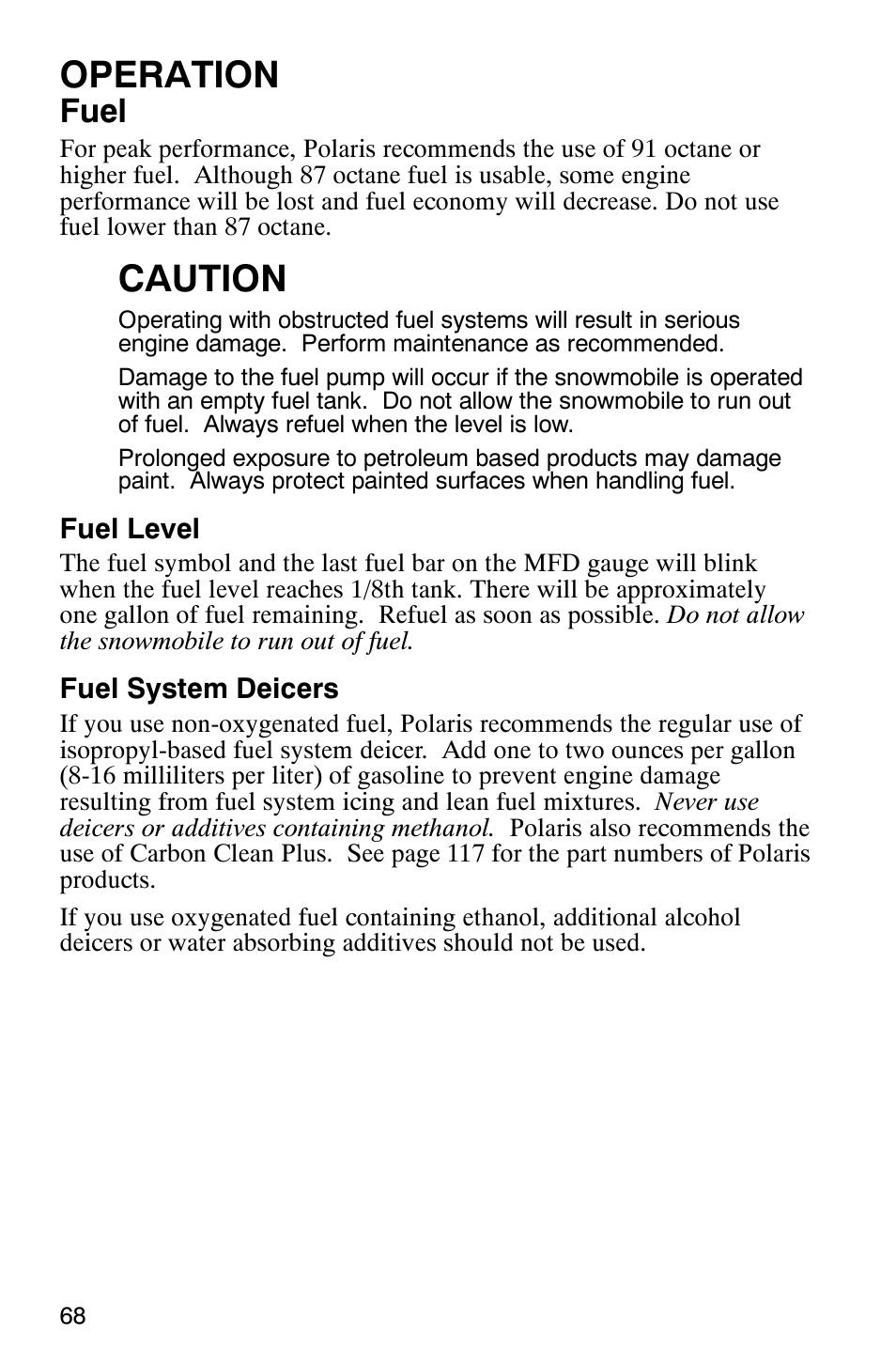 Operation, Caution, Fuel | Polaris 900 SwitchBack User Manual | Page 71 / 137