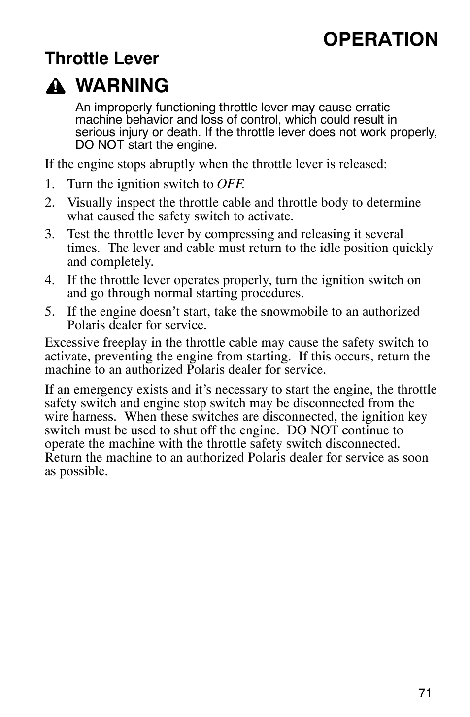 Operation, Warning, Throttle lever | Polaris 900 SwitchBack User Manual | Page 74 / 137