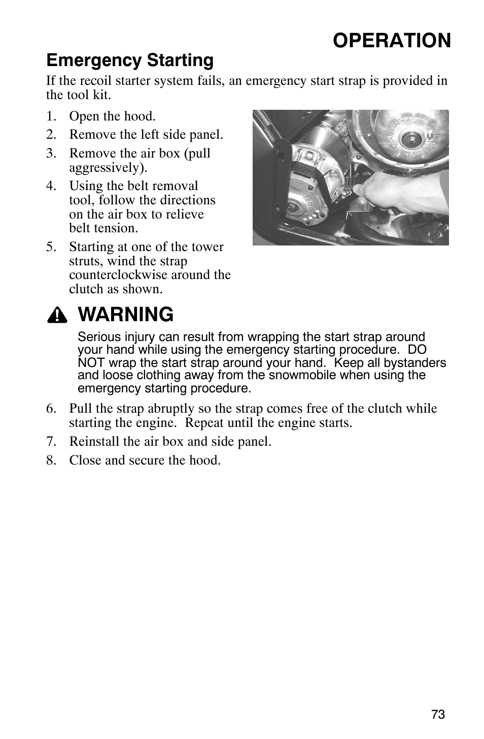 Operation, Warning, Emergency starting | Polaris 900 SwitchBack User Manual | Page 76 / 137