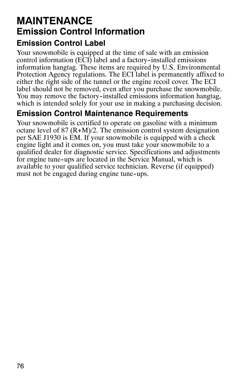 Maintenance, Emission control information | Polaris 900 SwitchBack User Manual | Page 79 / 137