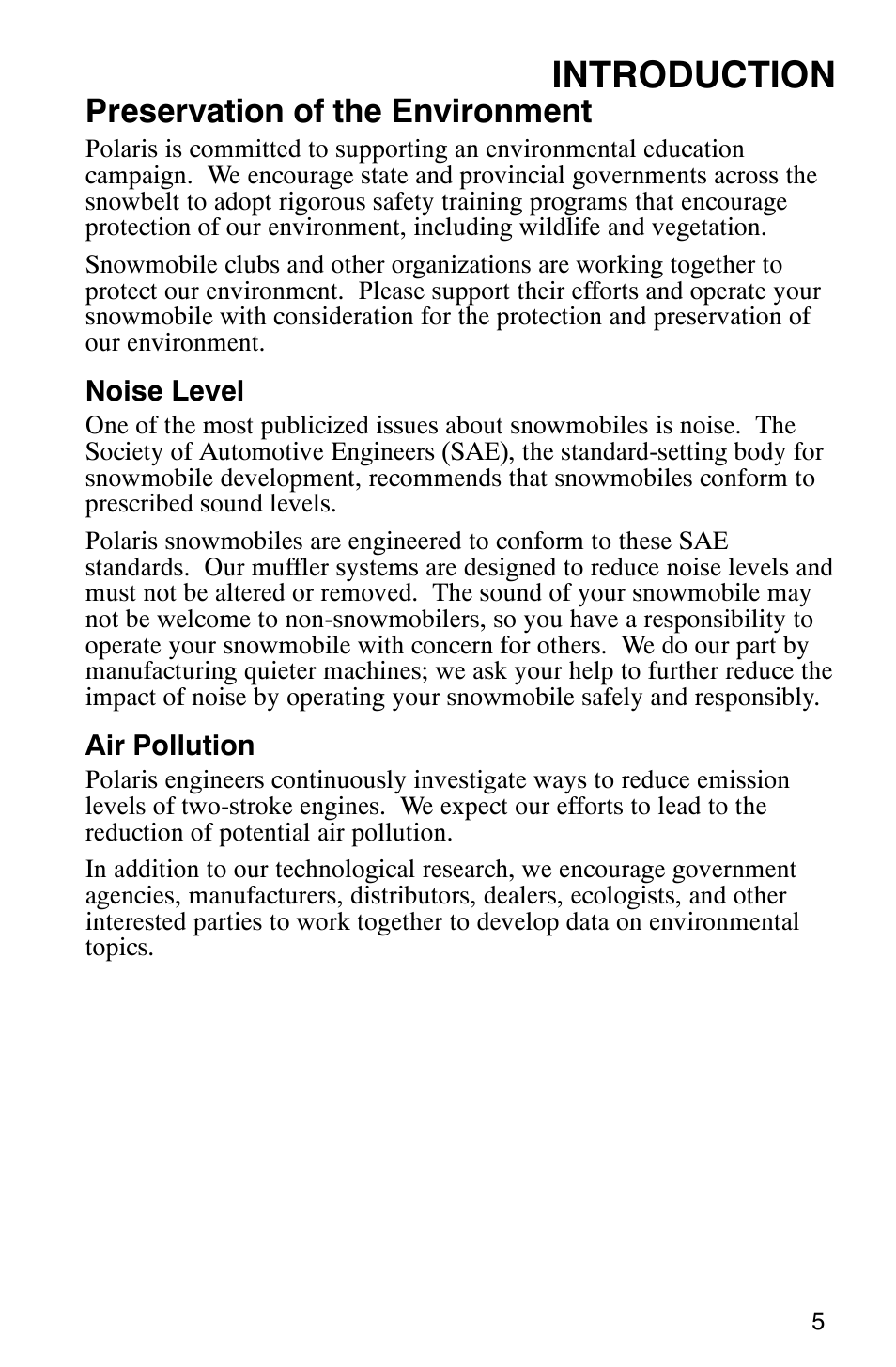 Introduction, Preservation of the environment | Polaris 900 SwitchBack User Manual | Page 8 / 137