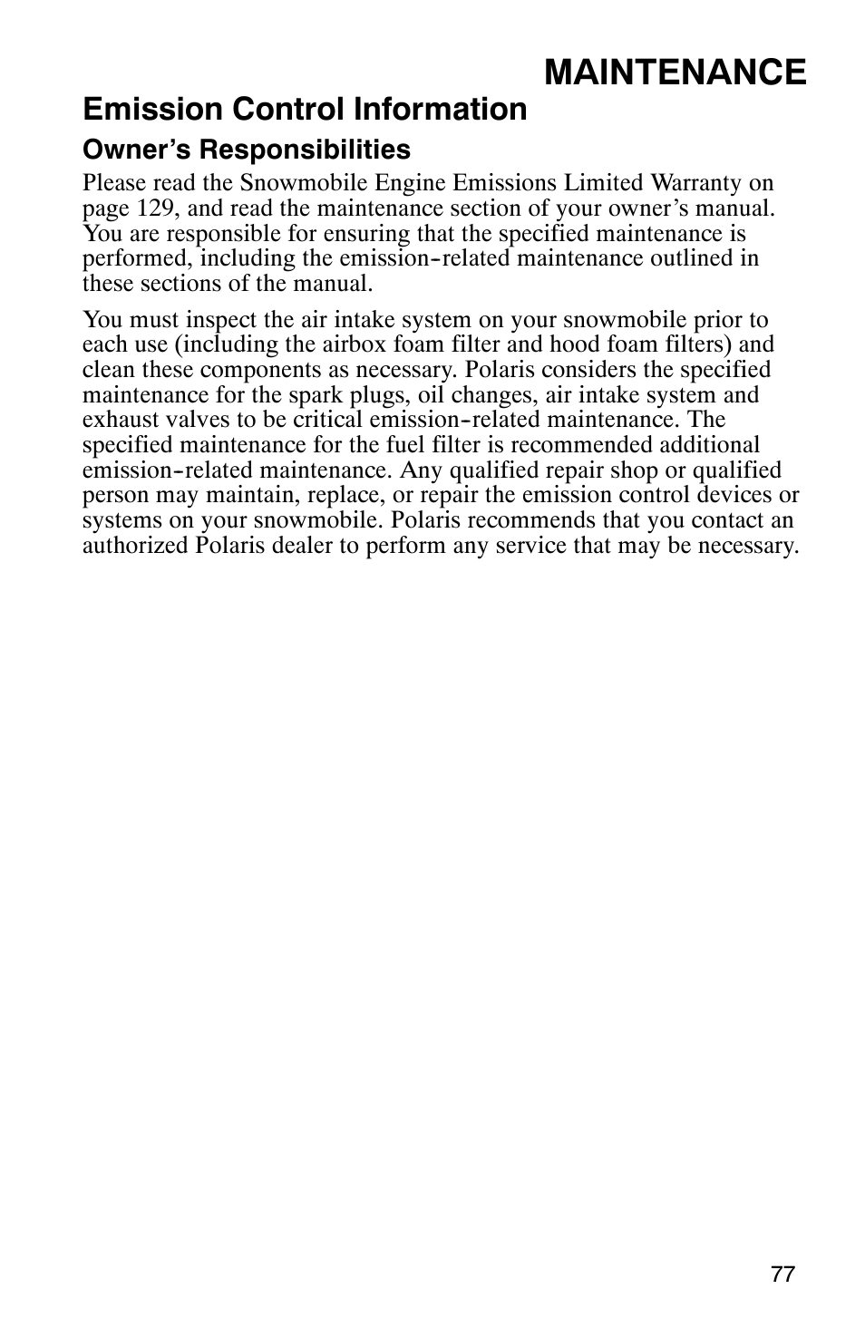 Maintenance, Emission control information | Polaris 900 SwitchBack User Manual | Page 80 / 137